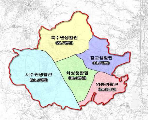 수원시 생활권 구분 및 인구배분도