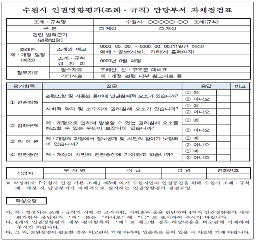 [표 3] 수원시 인권영향평가 점검표 예시(조례,규칙 담당부서 자체점검표).png