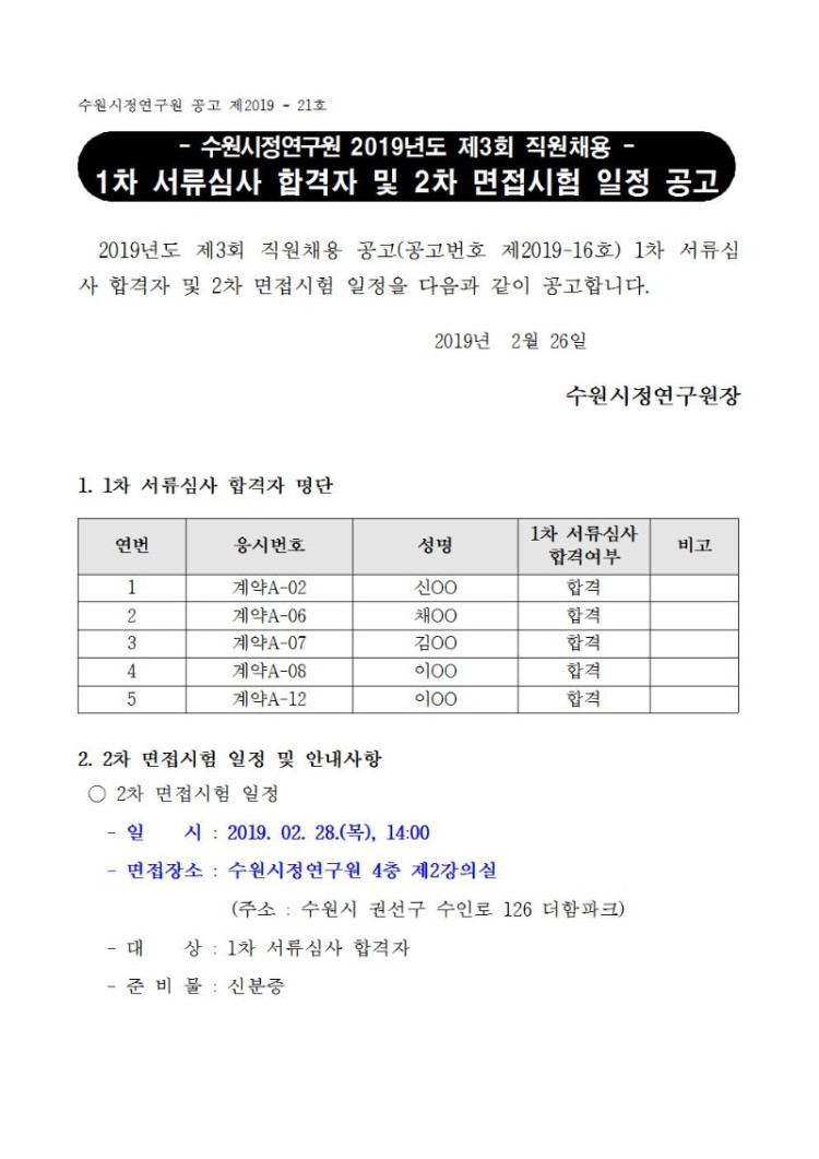[제2019-21호] 수원시정연구원 2019년도 제3회 직원채용 서류심사 합격자 및 2차 면접시험 일정 공고001.jpg