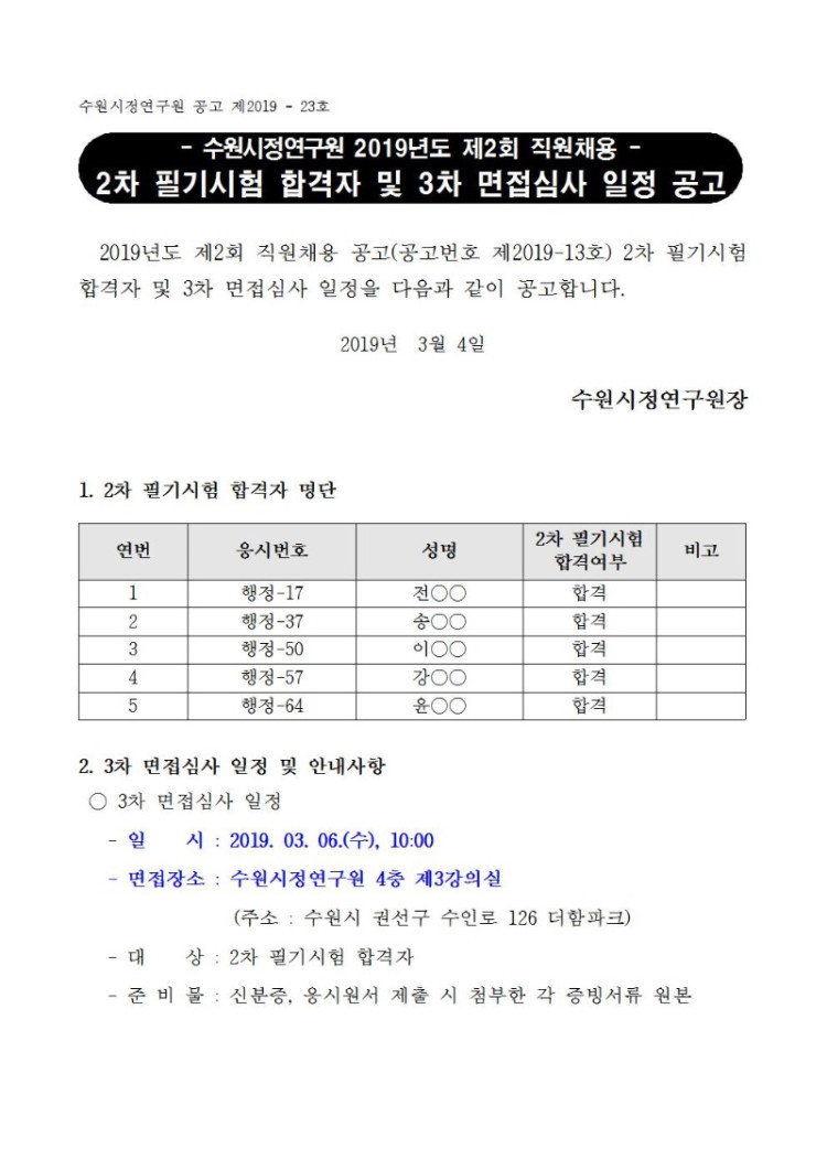 [제2019-23호] 수원시정연구원 2019년도 제2회 직원채용 필기시험 합격자 및 3차 면접시험 일정 공고001.jpg