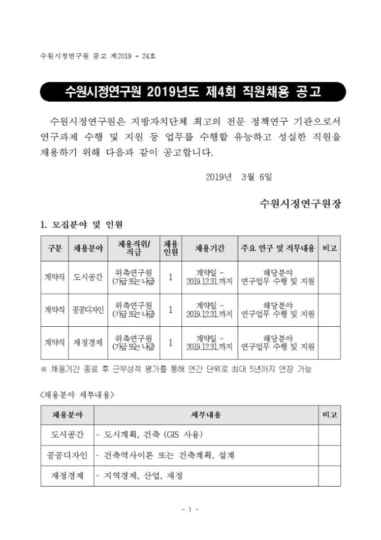 수원시정연구원 2019년도 제4회 직원채용 공고(게시)001.jpg