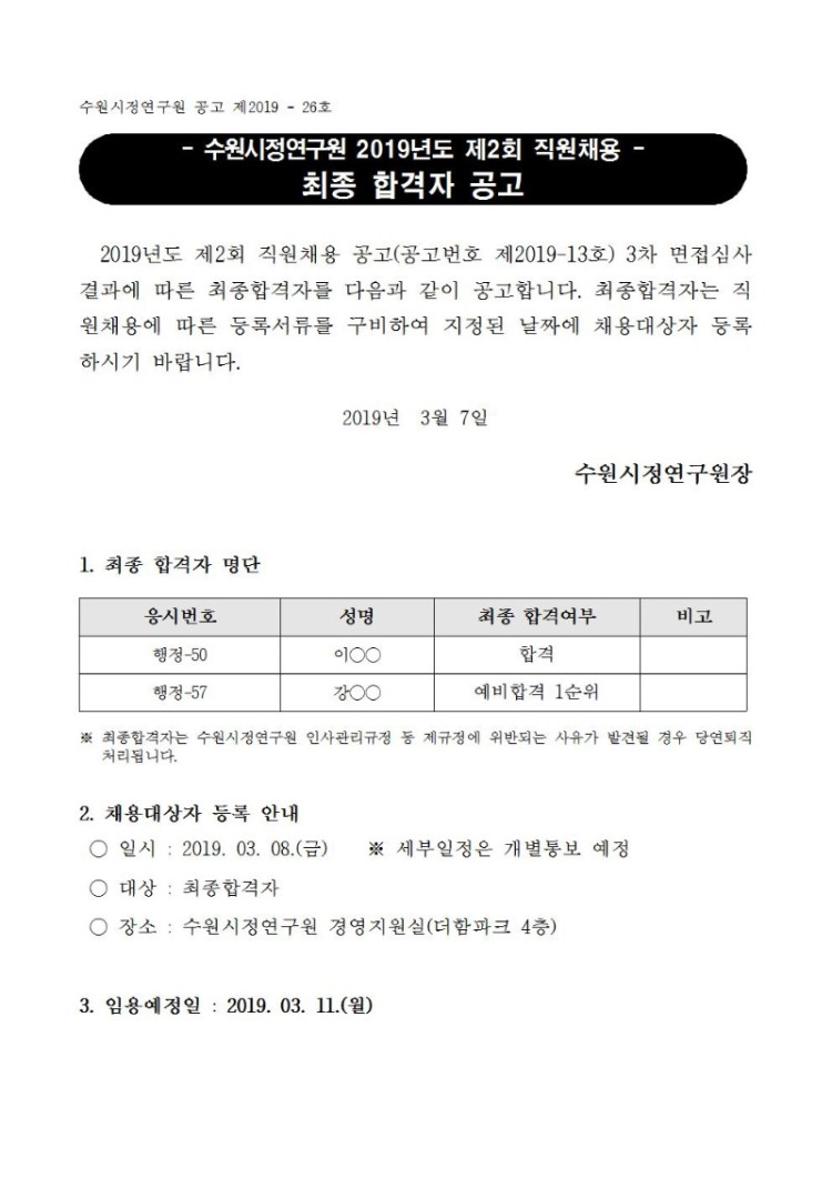 [제2019-26호] 수원시정연구원 2019년도 제2회 직원채용 면접심사 결과 및 최종합격자 발표 공고001.jpg