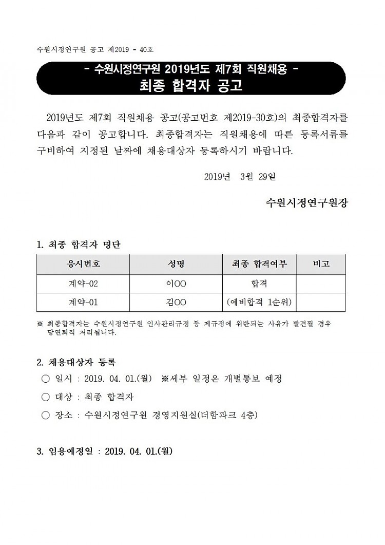 [제2019-40호] 수원시정연구원 2019년도 제7회 직원채용 최종 합격자 공고001.jpg
